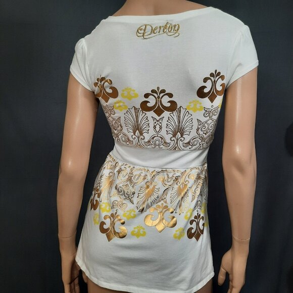 Y2K Dereon Beyonce Babydoll T shirt Top Size S V Neck Off White Fleur de Lis - Picture 5 of 7